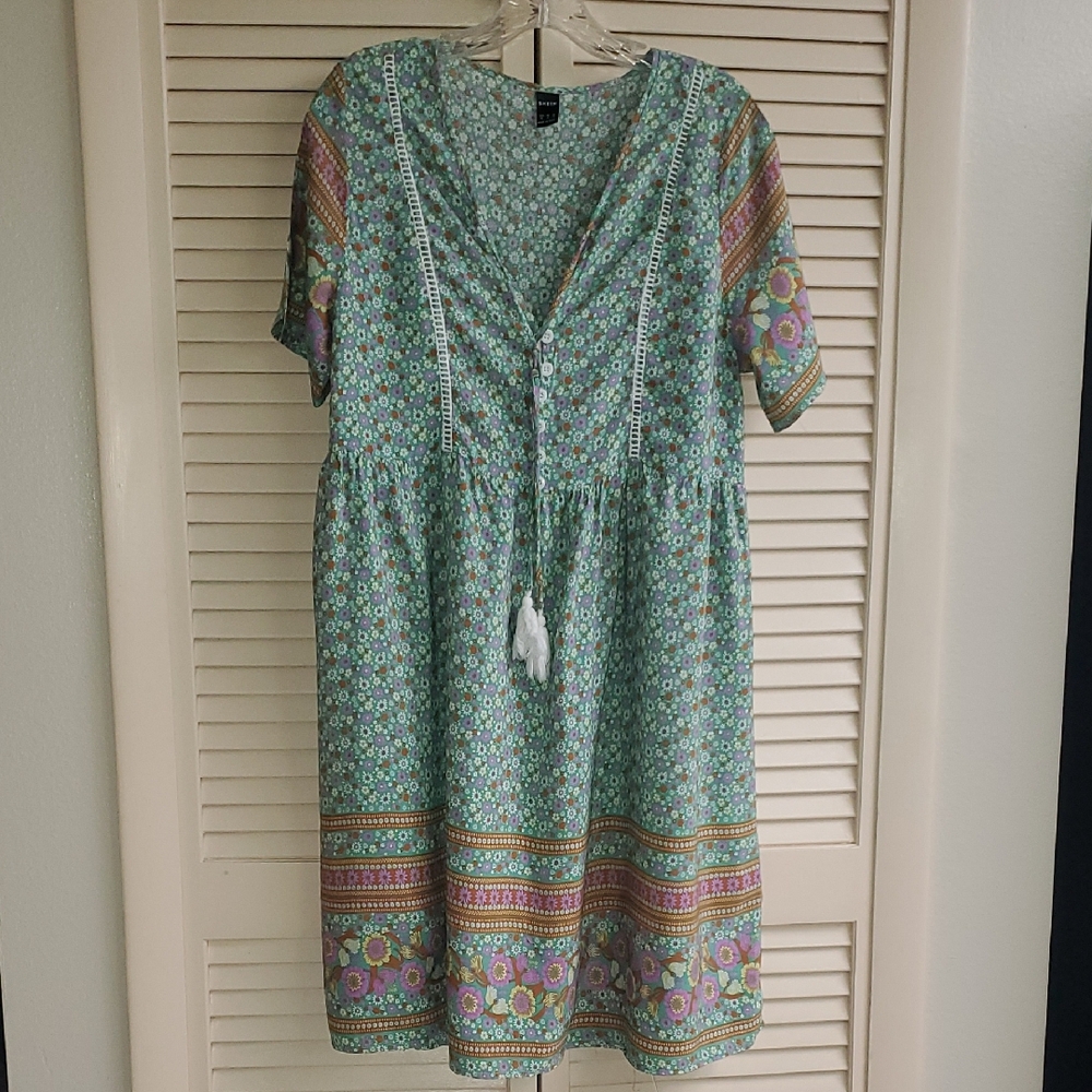 SHEIN Mint Green Floral Midi Dress with Tassel Tie